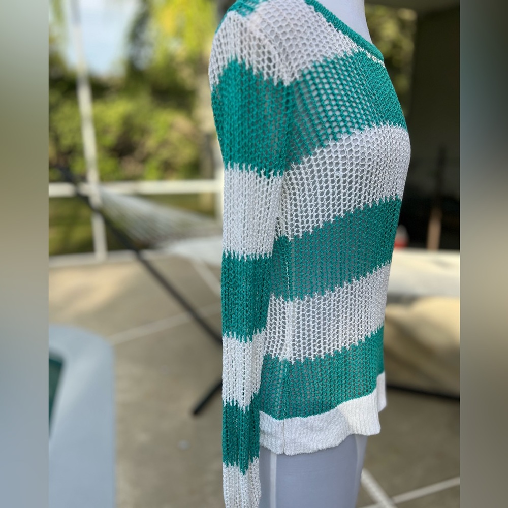Tommy Bahama Cover Up Medium M White Green Stripe Knit Crochet - Picture 2 of 4